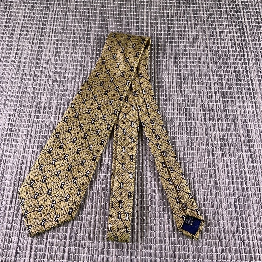 Giorgio Ferri Mens Silk Tie Yellow Paisley Geometric Grid Italy Gold Navy 58x3.7